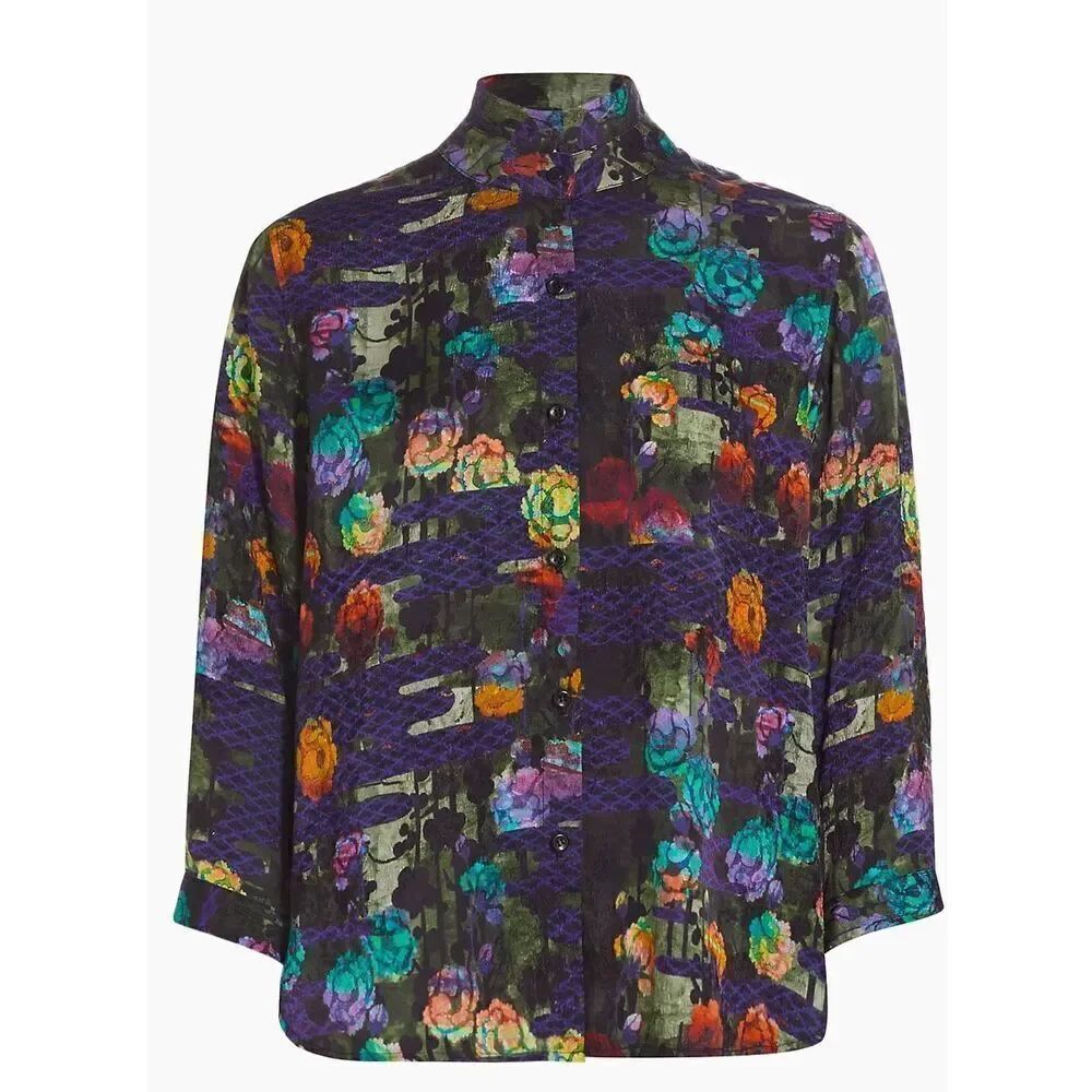 Raquel Allegra Lauren Floral Jacquard Blouse in Blue Floral NWT Size 0